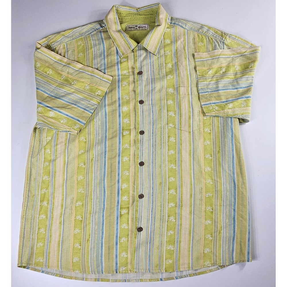 Tommy Bahama Shirt Men's Large 100%‎ Silk S/S Button Green Blue Stripe